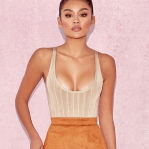 House Of CB, 'Perle' Taupe Ribbed Bandage Bodysuit, Size L